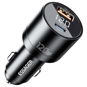 ESSAGER 120W Car Charger, USB-A+Type-C, Digital Display, Smart Chip, Shrapnel Design - Black - ESSAGER