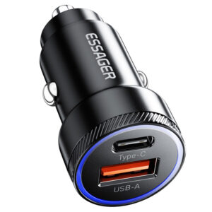 ESSAGER 54W Car Charger, USB-A+Type-C 2 Ports, PD Quick Charging, Ambient Light, Intelligent Chip - Black - ESSAGER