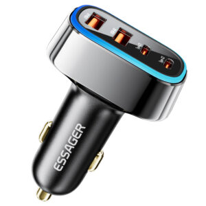 ESSAGER 70W Car Charger, 2 USB-A+2 Type-C, PD Quick Charging, with Colorful Ambient Light, for 12-24V Vehicles - Black - ESSAGER